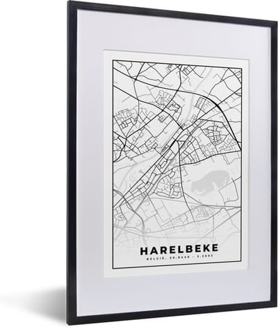 Fotolijst incl. Poster Zwart Wit- België – Harelbeke – Stadskaart – Kaart – Zwart Wit – Plattegrond - 30x40 cm - Posterlijst