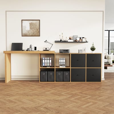 MODFU Hoekbureau - 360° Draaibaar - 120x48 cm - Met Opbergruimte (4 Laden & 4 Vakken) - Modern Design - Voor Thuiskantoor - MDF - Zwart en Eikenkleur - Bureau Met Opbergruimte