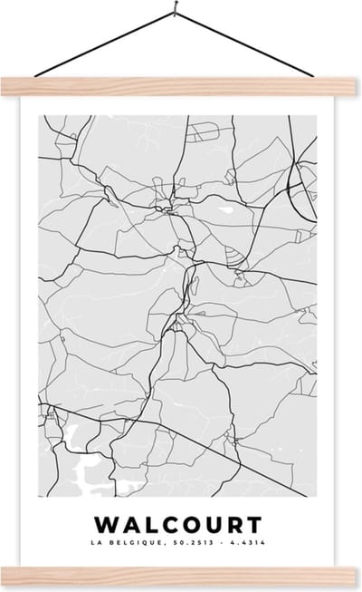 Posterhanger incl. Poster 40x60 cm - Schoolplaat - Stadskaart – Plattegrond – België – Zwart Wit – Walcourt – Kaart - Textielposter - Blanke latten - Stadskaart
