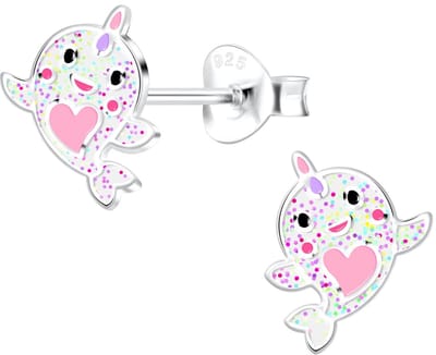 Joy|S - Zilveren walvis oorbellen - whalecorn - glitter wit met roze hartje - vis