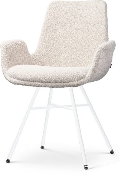 Nolon Noa-Eef Eetkamerstoel Bouclé Beige - met Armleuning - Stof - Wit Metalen Onderstel - Lage Armleuning - Industrieel - Modern - Design - Comfortabel