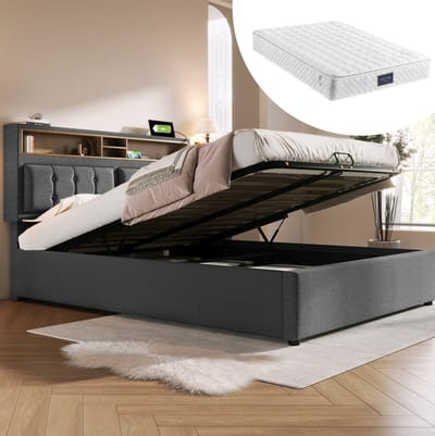 MEUNIQ tweepersoons opbergbed 140x200 met verstelbaar hoofdbord, USB-C en stopcontacten, bed met lattenbodem en opbergruimte voor slaapkamer, grijs