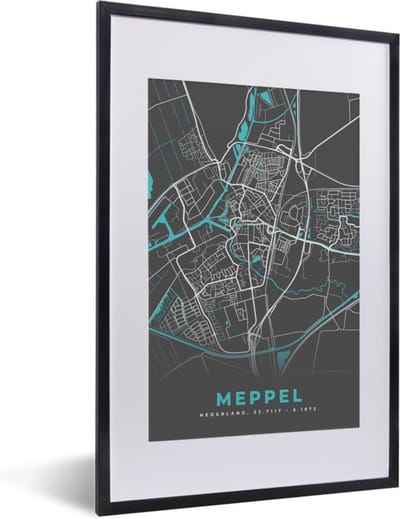Fotolijst incl. Poster - Stadskaart - Meppel - Grijs - Blauw - 40x60 cm - Posterlijst - Plattegrond