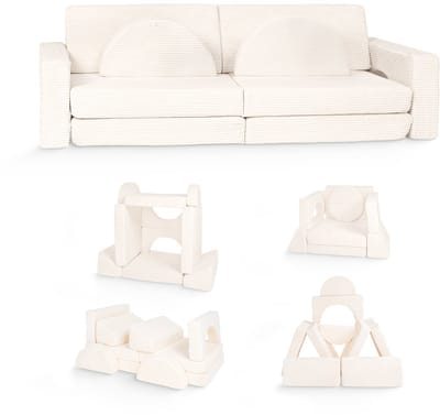 Modulaire Speelbank Kinderen 10-delig – Kinderbank Speelsofa – Play Couch – Speelbank Kinderkamer – Schuimkussen – Kinderzetel – Kinderstoel – Slaapbank – Hutten Bouwen – Wasbaar – Montessori Speelgoed Peuter - Crème