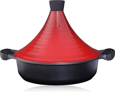 Hakal Agadir Tajine 28cm Rood/Zwart - Geschikt voor Alle Hittebronnen (Incl. Inductie) - Anti-Aanbaklaag - Voor 4-8 Personen