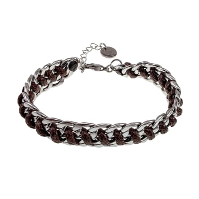 17cm tot 20cm Armband Dames - Donkerbruine Armband - Gepolijst RVS - Cubaanse Schakelsarmband Donkerbruin Koord - Verstelbaar
