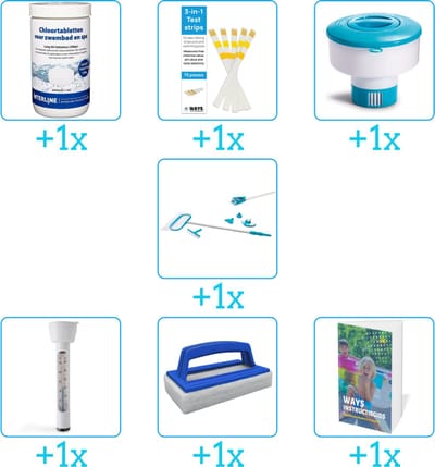 Zwembad Onderhoudspakket - Onderhoud Zwembad - bevat Chloor - Testrips - Chloordrijver - Schoonmaakset - Thermometer - Scrubborstel en Zwembadgids (7-delig)