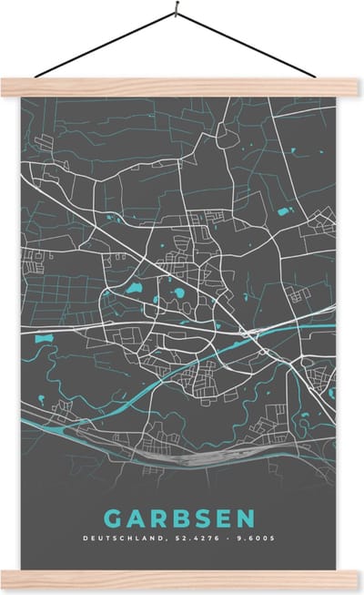 Posterhanger incl. Poster 40x60 cm - Schoolplaat - Blauw – Duitsland – Plattegrond – Gold – Stadskaart – Kaart – Garbsen - Textielposter - Blanke latten - Stadskaart