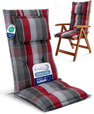 Beautissu Tuinkussen Hoge Rug Zitkussen 120x50cm HighLux HL – Set van 1 Stoelkussen voor Tuinstoelen 7cm dik Grijs-Rood-Lichtblauw Geruit – Made in EU