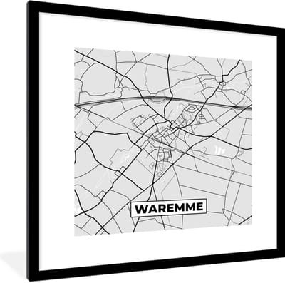 Fotolijst incl. Poster Zwart Wit- België – Waremme – Stadskaart – Kaart – Zwart Wit – Plattegrond - 40x40 cm - Posterlijst