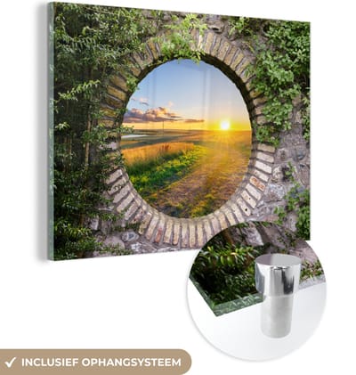 MuchoWow® Glasschilderij 120x90 cm - Schilderij acrylglas - Platteland - Doorkijk - Zon - Foto op glas - Schilderijen