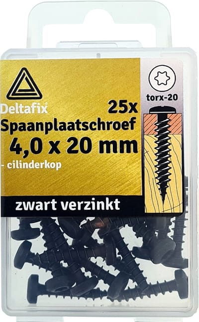Deltafix spaanplaatschroeven 4,0 x 20 mm - zwart verzinkt - cilinderkop - Torx - 25 stuks