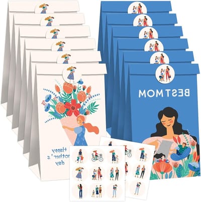 Kleine cadeauzakjes van kraftpapier voor Moederdag, 12 snoepzakjes met stickers, feestverpakkingen en verrassingszakjes voor speciale gelegenheden