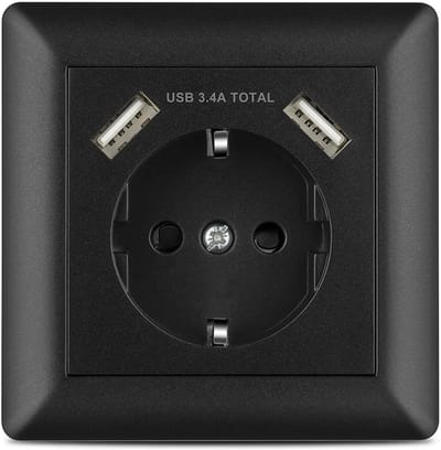 Inbouw Stopcontact Zwart met 2 USB Aansluitingen | Schuko Wandcontactdoos incl. Frame