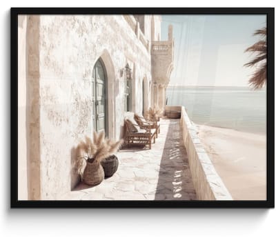 Poster in lijst - Fotolijst 80x60 cm - Posters - Terras - Stoelen - Strand - Beige - Posterlijst zwart - Decoratie - Wanddecoratie woonkamer - Muurdecoratie slaapkamer