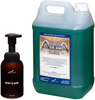 Body & Hair Hamam 300 ml - zeepdispenser amber bruin met pomp + 5 liter - 2 in 1 voor lichaam en haar