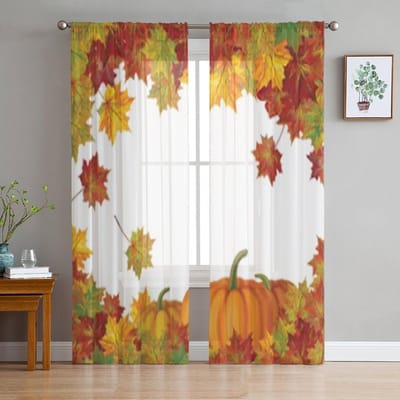 Herfstbladeren En Pompoenen Transparante Raamgordijnen Voor Woonkamer Slaapkamer Moderne Voile Tule Gordijnen Stof Draperieën Voor Keuken 135W x 114H(cm) white