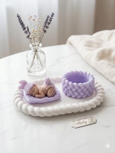 Handgemaakte Baby Cadeauset Unisex – Slapende Baby op Kussen & Gevlochten Schaal – Lavendel – Kraamcadeau