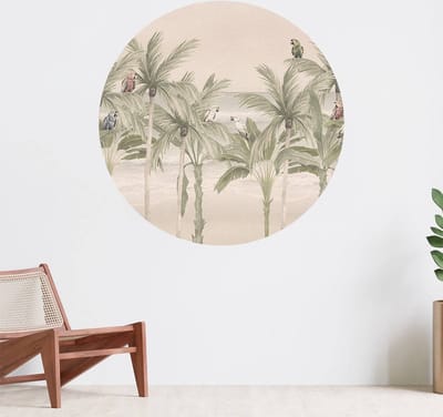 Muurcirkel zelfklevend behang - Papegaaien op het strand - Wanddecoratie - 080cm behangcirkel - Ronde sticker voor aan de muur - Behangsticker verkrijgbaar in verschillende formaten