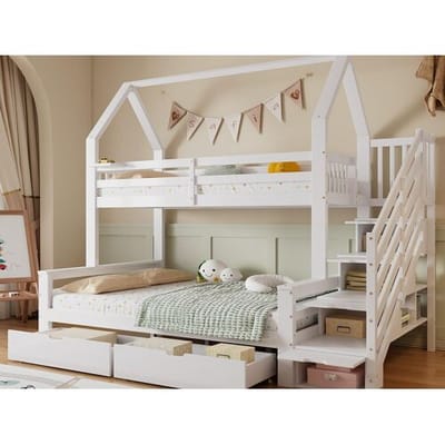 ModernLuxe Stapelbed in grenenhout en MDF - 90x200 cm + 140x200 cm - met opbergladder en 2 lades - Wit