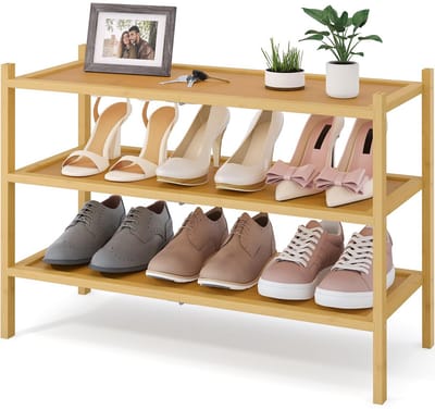 Homaxy - Schoenenrek (3 niveaus) - Bamboe Schoenenrek - Houten Schoenenkast -Schoenenrek hout - 68x28x46.5cm - Houtkleur
