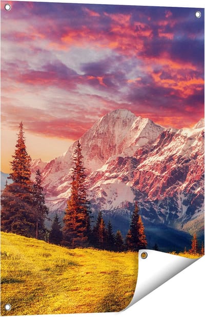 Gards Tuinposter Alpen Landschap met een Kleurrijke Hemel - 60x80 cm - Tuindoek - Tuindecoratie - Wanddecoratie buiten - Tuinschilderij