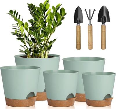 Famanu Bloempotten, 5 stuks, kunststof, met irrigatiesysteem, 17,8/16,5/15,2/13,9/12,7 cm, zelfbewatering, met onderzetter, rond, voor binnen, balkon, tuin, planten, vetplanten, cactussen, groen