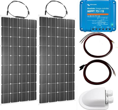 Set Flexibel Zonnepaneel 200Wp Caravan, Camper, Boot, Tent of Tuinhuisje - MPPT Victron Energy laadregelaar 75/15 - Zonnepaneel Compleet Pakket - Kabel met connectoren - Dakdoorvoer - Plug-Play set schematische tekening en handleiding-Monokristallijn