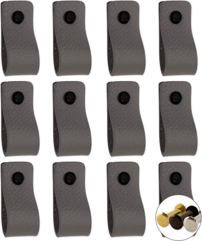 Leren handgrepen - Grijs - 12 stuks - 12,5 x 2,5 cm - incl. 3 kleuren schroeven - Grijze handgrepen leer - Leren meubelgreep - Leren handvaten kast - Leren lus - Handgreep kast leer - Leren greepjes - Handvat leer - Leren deurgreep - Leren handgreep