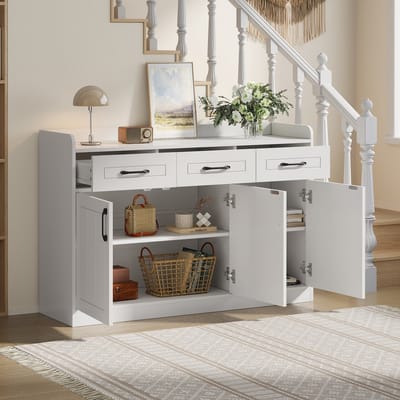 Dressoir 120x35x80 cm - woonkamer opbergkast - halmeubel met 3 lades - verstelbare planken - strependesign - wit