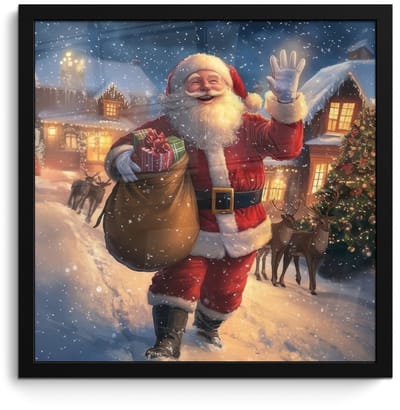 Poster in lijst - Fotolijst 40x40 cm - Posters - Kerstman - Dorp - Hert - Donker - Posterlijst zwart - Decoratie - Wanddecoratie woonkamer - Muurdecoratie slaapkamer - Kerstversiering - Kerstdecoratie voor binnen - Kerstmis