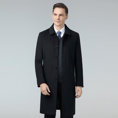Herfst en Winter Wollen Jas Heren Medium en Lang Middelbare Leeftijd Papa's Revers Wollen Jas 4XL zwart