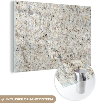 MuchoWow® Glasschilderij 150x100 cm - Schilderij acrylglas - Graniet - Wit - Grijs - Steen - Textuur - Foto op glas - Schilderijen