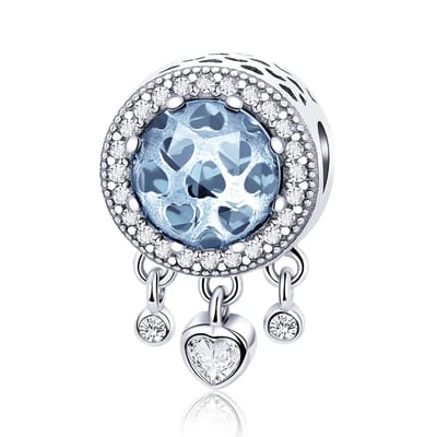 Fler® | Bedel | Past op populaire bedel armbanden (standaard-3mm) | armbandbedel | Dreamcatcher met Hartjes | Hangbedel Charm | Echt Zilver | 925 | Heldere Zirkonia | Blauw | Armband Kraal | Kerstcadeau | Sinterklaas Cadeau | Valentijn kado