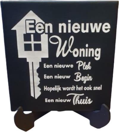 Keramiel tegel - nieuwe woning - huis - sleutel - incl houten stander