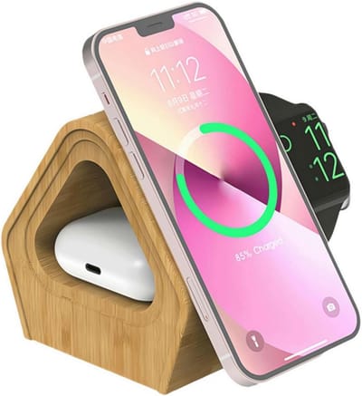 Draadloze Oplaaddok van Bamboe: 3-in-1 Oplaadstandaard voor Telefoon, Horloge en Oordopjes