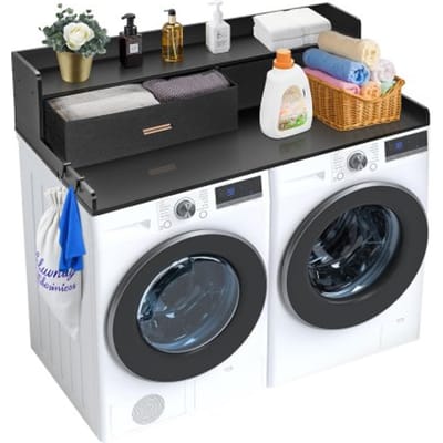 VEVOR Wasmachine- en drogerblad met 2 lades en 2-laags plank, 1370 x 700 x 305 mm Houten wasmachine- en drogerblad met antislipmatten, waterbestendig