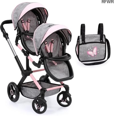 RFWR® Tweeling Poppenwagen met Verstelbare Duwstang en Zwenkwielen - Grijs/Roze