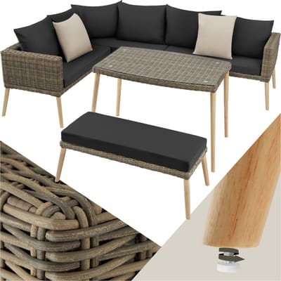 tectake® Aluminium wicker lounge - Tuinmeubelset met hoekbank, bank en tafel - Zitgroep voor tuin, balkon en terras - Balkonmeubelbankstel met dikke kussens en sierkussens - Bruin