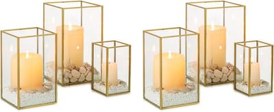 Set van 6 Goudkleurige Glazen Windlichten - Vierkante Lantaarns voor Tafeldecoratie Binnen en Buiten