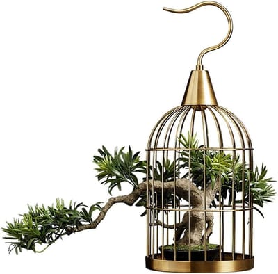 Kunstplant Bonsai - Decoratieve Boom - Woondecoratie - Met Vogelkooi - 45x19x50cm - Groen Goud