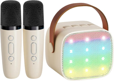 KZQ Draagbare Mini Karaoke Machine (met 2 oplaadbare draadloze microfoons en een Bluetooth-luidspreker) – Een perfect verjaardagscadeau voor kinderen en volwassenen – Beige