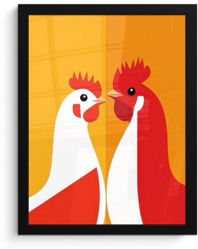 Poster in lijst - Fotolijst 30x40 cm - Posters - Kippen - Oranje - Vlakken - Posterlijst zwart - Decoratie - Wanddecoratie woonkamer - Muurdecoratie slaapkamer