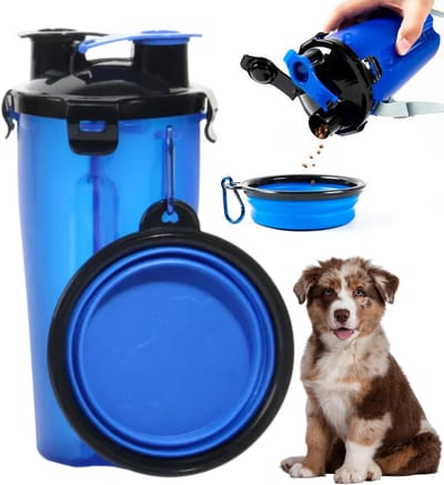 Janse® Voer en waterfles voor honden blauw - Drinkfles voor honden - Dieren bidon voor in je rugzak - Voedselcontainer voor in de auto - Inclusief opvouwbare voerbak - Blauwe drinkbak voor brokjes - Waterbak - Drinkbak