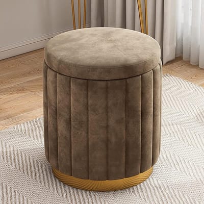 Fluwelen Kruk - Opbergpoef Bijzettafel - Extra Zitplaats - Met Opbergruimte - 34x34x44 cm - Bruin