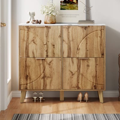 Schoenenkast - Met Klapdeuren Houtlook - 4 Deuren Marmerlook Blad - Massief Hout Poten - Hout - Natuur