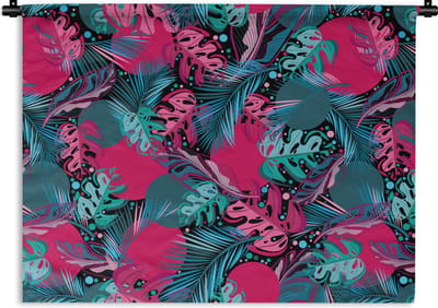 Wandkleed - Wanddoek - Bladeren - Hawaii - Design - Roze - Blauw - 60x45 cm - Wandtapijt