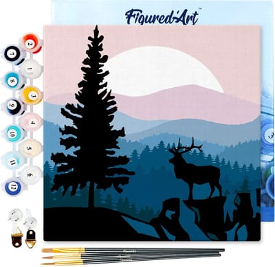 Figured'Art Mini Schilderen op Nummer Volwassenen 20x20cm met lijst Majestueuze herten en landschap - Klein Formaat Creatieve Hobby Kit DIY Art Nummer Compleet