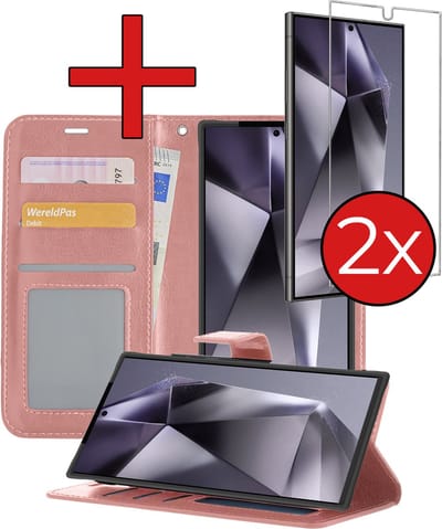Hoesje - Met 2x Screenprotector - Geschikt voor Samsung Galaxy S24 Ultra - Luxe Pasjeshouder - Flip Case - Bookcase Portemonee - Kunstleer Book Case - Flipcase Hoes - Book Cover - Walletcase - Portemonneehoes - Telefoonhoes - Rosé goud