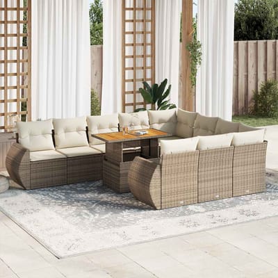 vidaXL - 11-delige - Tuinset - met - kussens - poly - rattan - beige